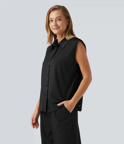 Sleeveless Button Up Boxy Work Shirt