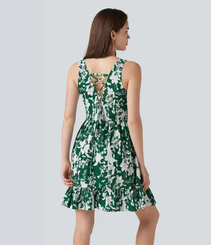 Sweetheart Neck Sleeveless Lace Up Floral Print Mini Dress