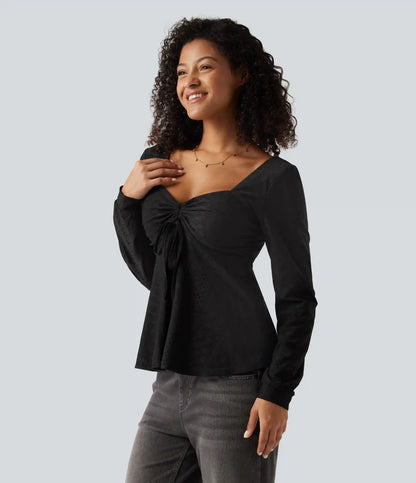 Sweetheart Neck Long Sleeve Lace Up Built-in Bra Eyelet Casual Top