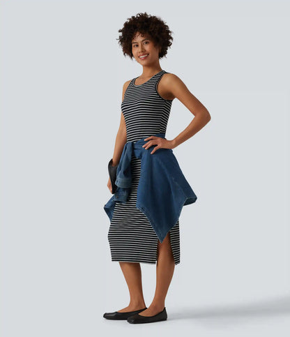 Round Neck Sleeveless Bodycon Stripe Midi Casual Dress
