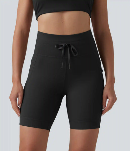 High Waisted Drawstring Plain Yoga Biker Shorts 7'' with Pockets