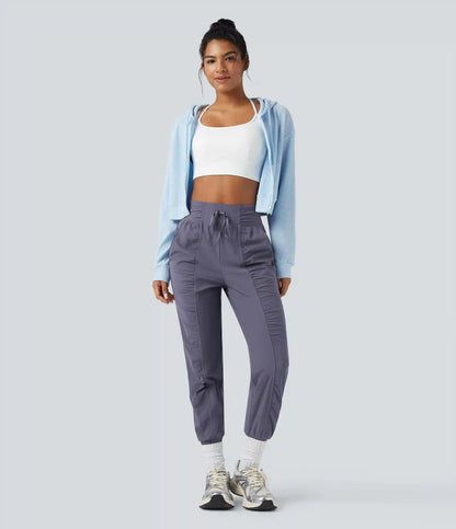 High Waisted Drawstring Ruched Tapered Quick Dry Cool Touch Dance Joggers with Pockets-UPF40+