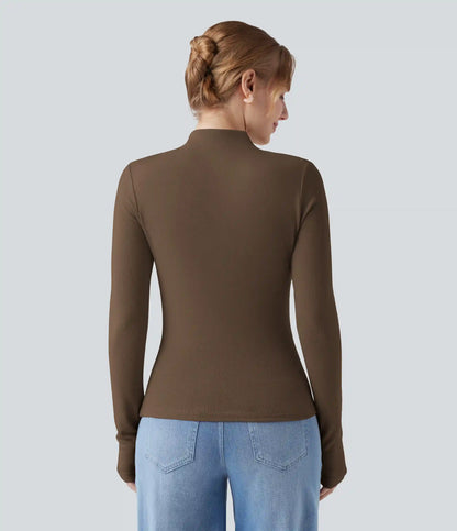 Mock-neck Long Sleeve Ruched Asymmetric Hem Thermal Casual Top