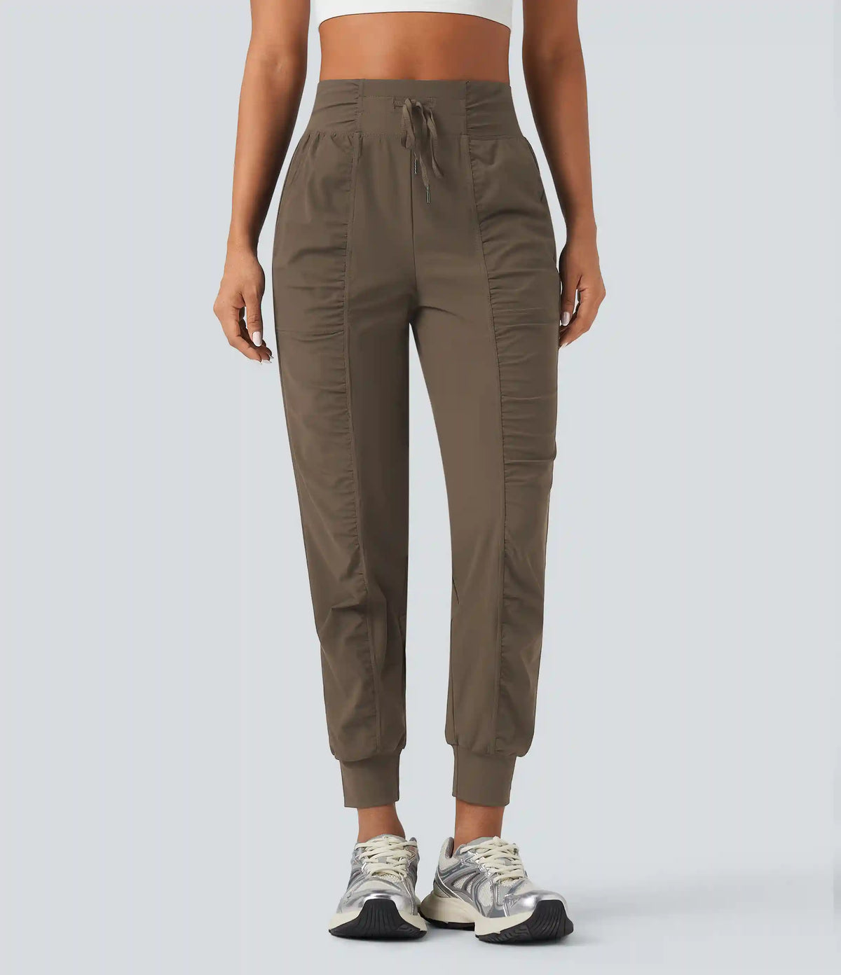 High Waisted Drawstring Ruched Tapered Quick Dry Cool Touch Dance Joggers with Pockets-UPF40+