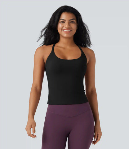Scoop Neck Crisscross Back Crossover Hem Yoga Cami Top
