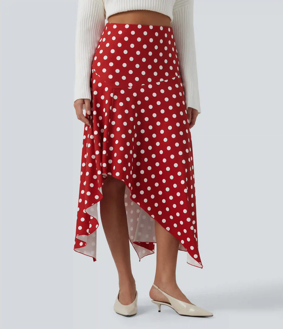 High Waisted Asymmetric Ruffle Hem Polka Dot Casual Midi Skirt with Pockets