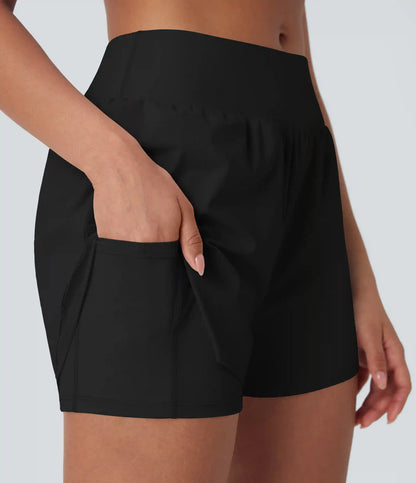 Mid Rise Contrast Mesh 2-in-1 Yoga Shorts with Pockets