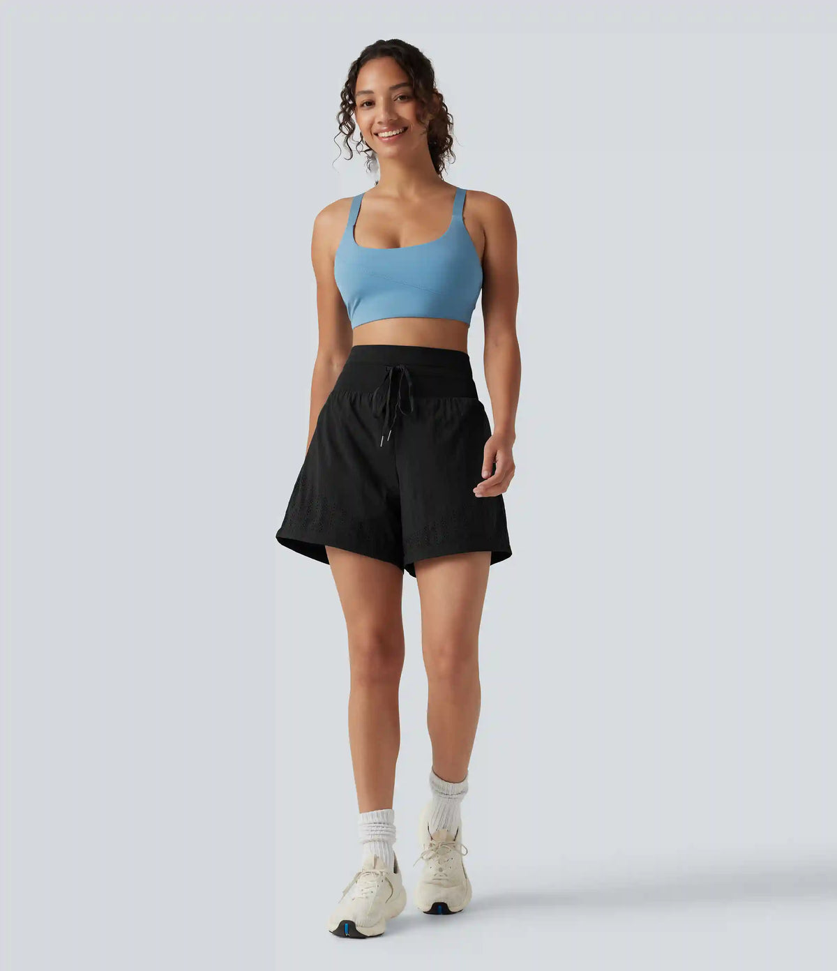 High Waisted Drawstring Eyelet Running Shorts 5'' with Pocket