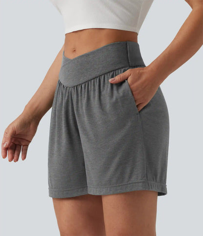 High Waisted Crossover Casual Shorts 5'' with Pockets