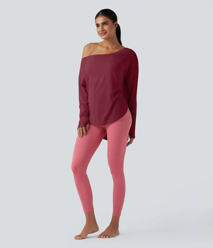 One Shoulder Long Sleeve Thumb Hole Curved Hem High Low Quick Dry Yoga Sports Top-Built-in Bra