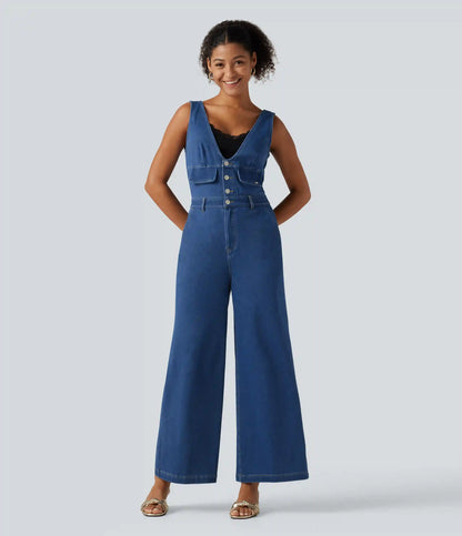 Halara Flex™ V Neck Wide Leg Denim Casual Jumpsuit with Pockets