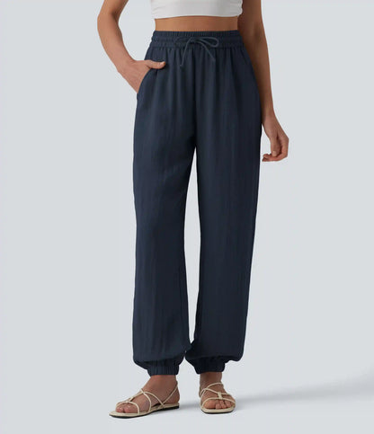 High Waisted Drawstring Wide Leg Casual Linen-Feel Joggers with Pockets