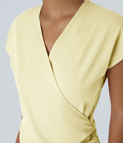 V Neck Cap Sleeve Crossover Ruched Solid Work Blouse