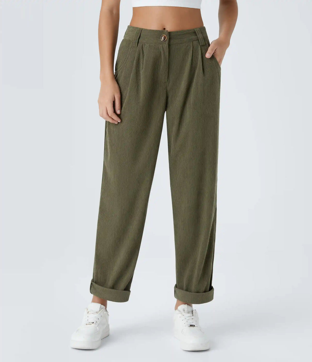 Mid Rise Zipper Pocket Corduroy Casual Pants
