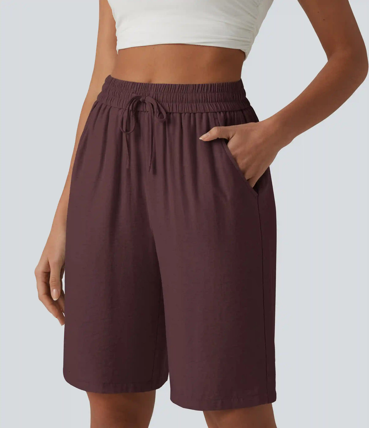 High Waisted Drawstring Casual Linen-Blend Bermuda Shorts 10'' with Pockets