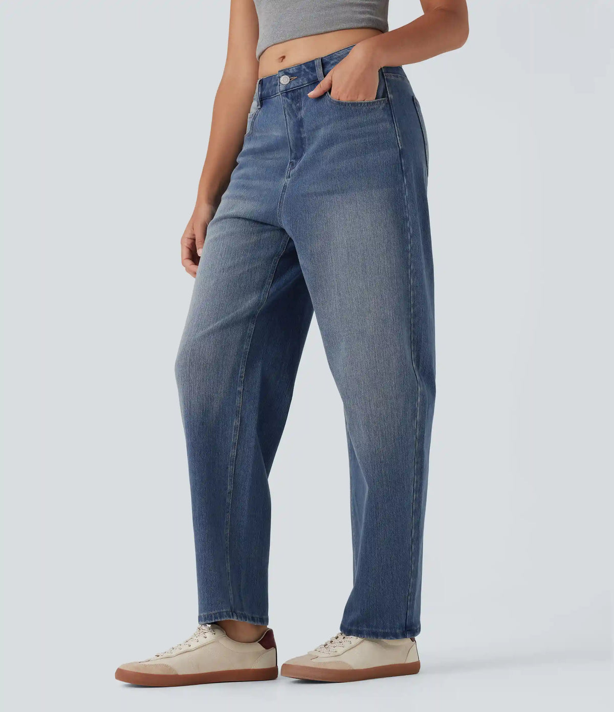 Halara Flex™ High Waisted Washed Casual Barrel Leg Jeans with Pockets