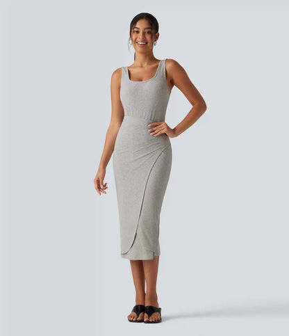 Ribbed Knit U Neck Sleeveless Heathered Bodycon Midi Casual Dress