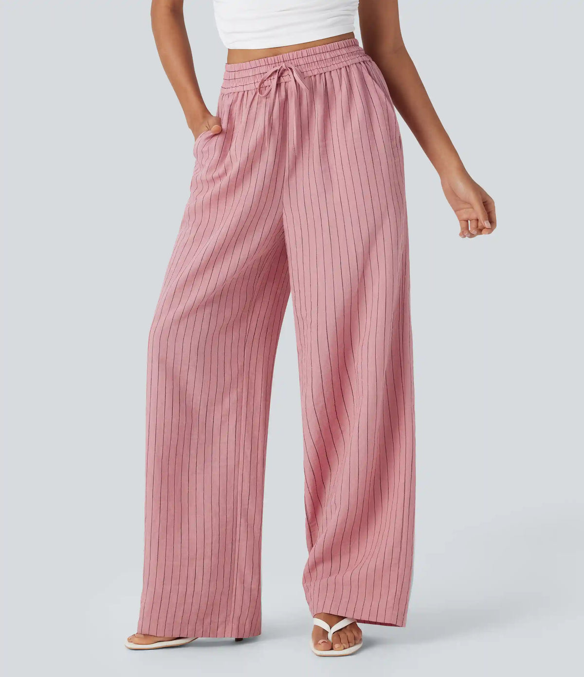 High Waisted Drawstring Wide Leg Baggy Stripe Casual Linen-Feel Pants with Pockets