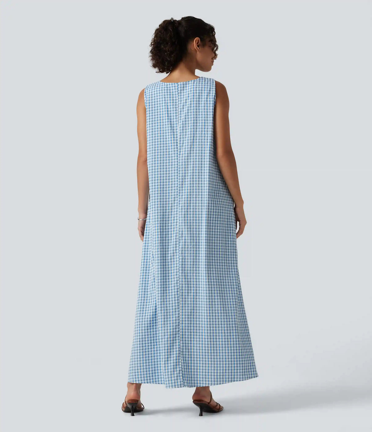 Round Neck Sleeveless Midi Crinkle Gingham Casual Tank Dress with Pockets DD-F Cups