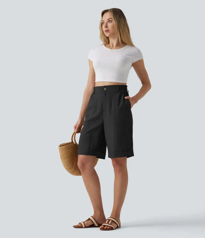 High Waisted Rolled Hem Linen-Feel Resort Bermuda Shorts 10'' with Pockets