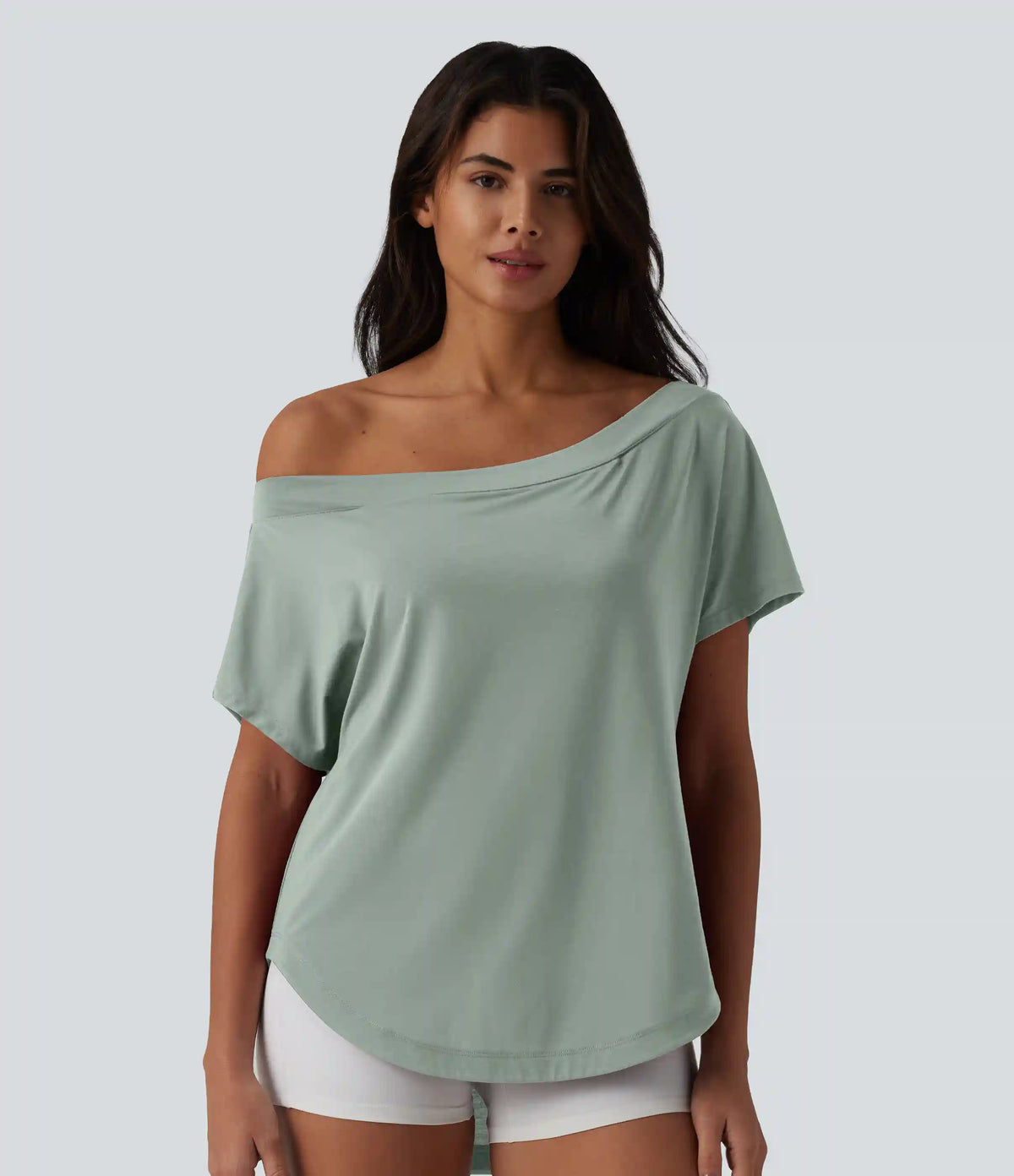 One Shoulder Short Sleeve Curved Hem High Low Quick Dry Yoga Sports Top-Built-in Bra