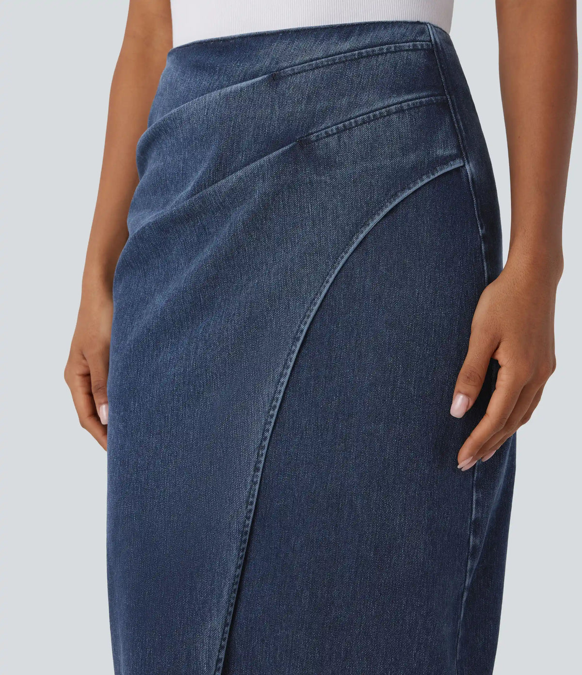 Halara Flex™ High Waisted Back Zipper Ruched Tulip Hem Midi Washed Denim Casual Skirt
