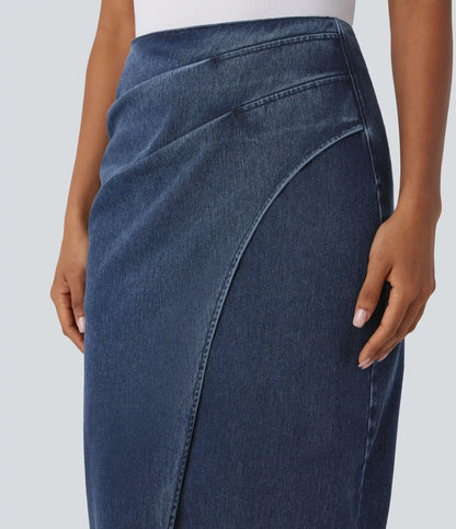 Halara Flex™ High Waisted Back Zipper Ruched Tulip Hem Midi Washed Denim Casual Skirt