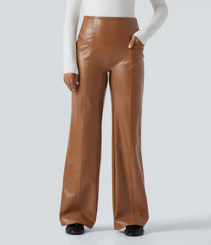 High Waisted Tummy Control Snakeskin Print Stretchy PU Fleece Flare Casual Pants with Pockets