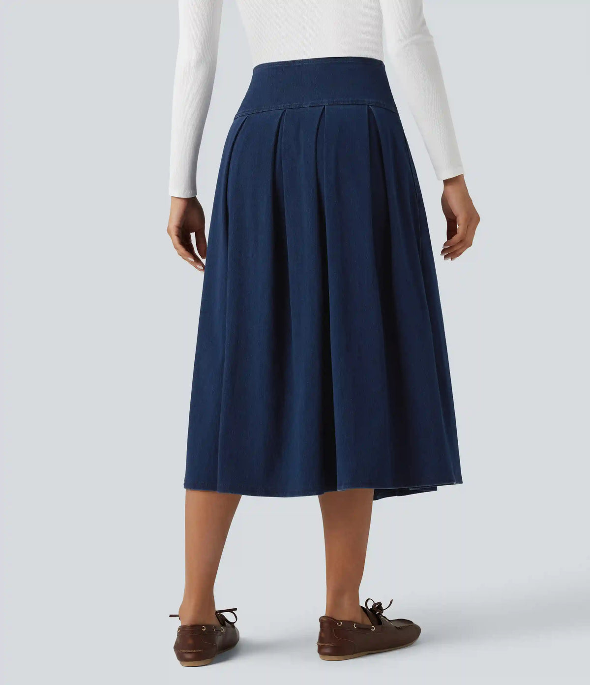 Halara Flex™ High Waisted Tummy Control Pleated Midi Casual Denim Skirt with Pockets