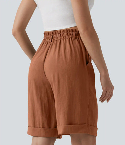 High Waisted Rolled Hem Linen-Feel Resort Bermuda Shorts 10'' with Pockets