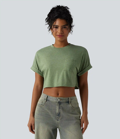 Round Neck Short Sleeve Relaxed Cropped Heathered Casual T-Shirt with Pocket