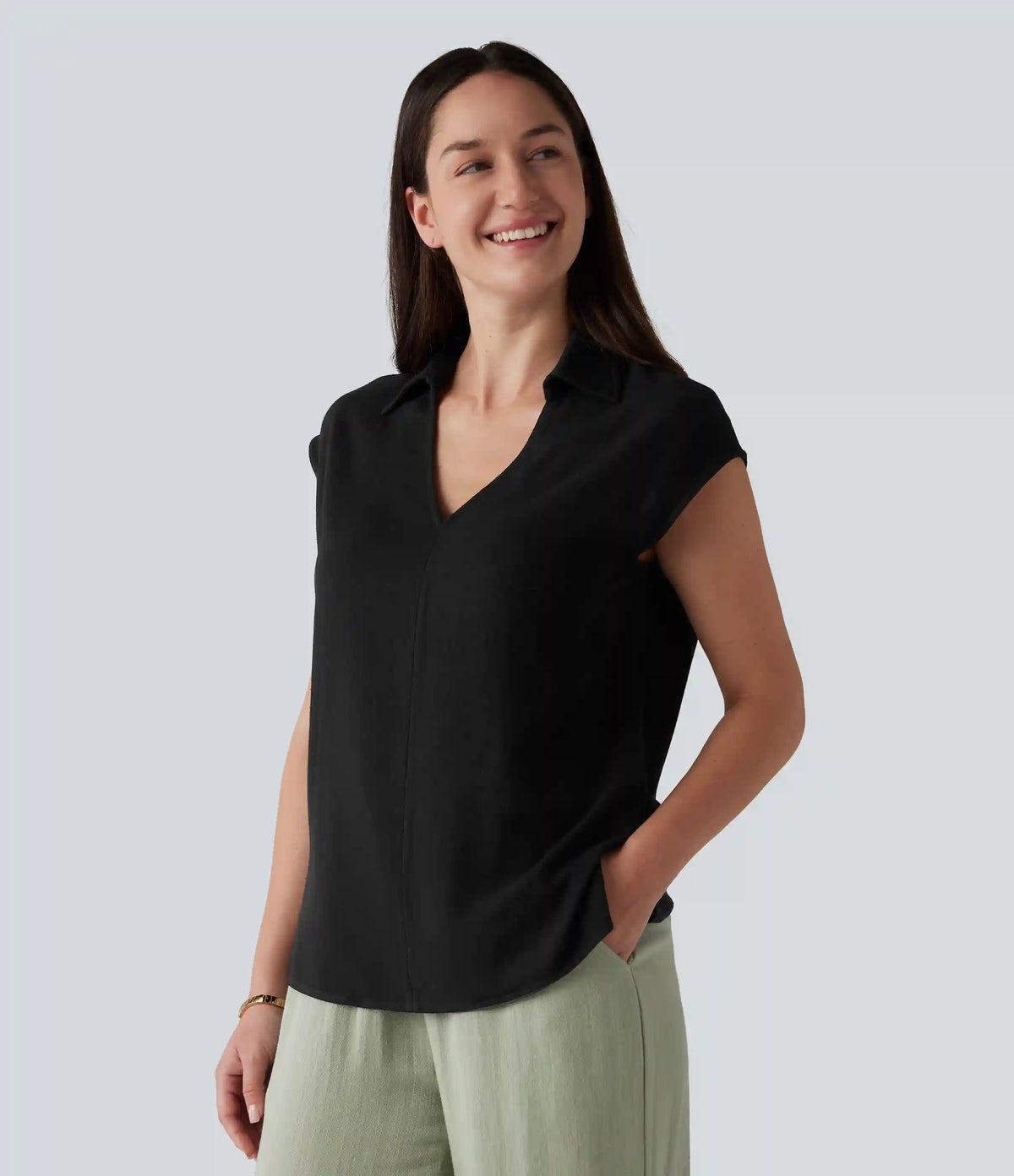 V-neck Sleeveless Split Hem Work Linen-Blend Blouse