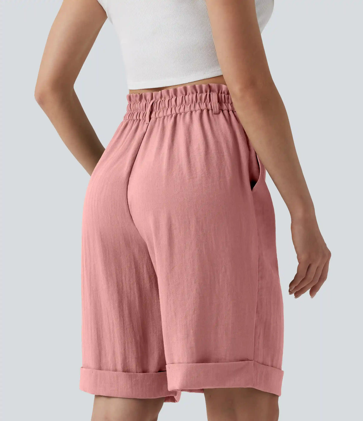 High Waisted Rolled Hem Linen-Feel Resort Bermuda Shorts 10'' with Pockets