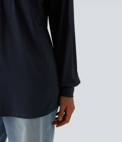 Round Neck Raglan Long Sleeve Contrast Mesh Casual Blouse