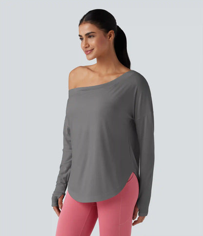 One Shoulder Long Sleeve Thumb Hole Curved Hem High Low Quick Dry Yoga Sports Top-Built-in Bra