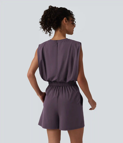 Round Neck Sleeveless Tie-front Cool Touch Casual Romper with Pockets-Easy Peezy-UPF50+