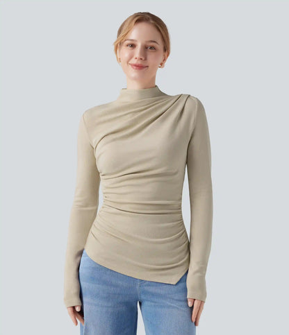 Mock-neck Long Sleeve Ruched Asymmetric Hem Thermal Casual Top