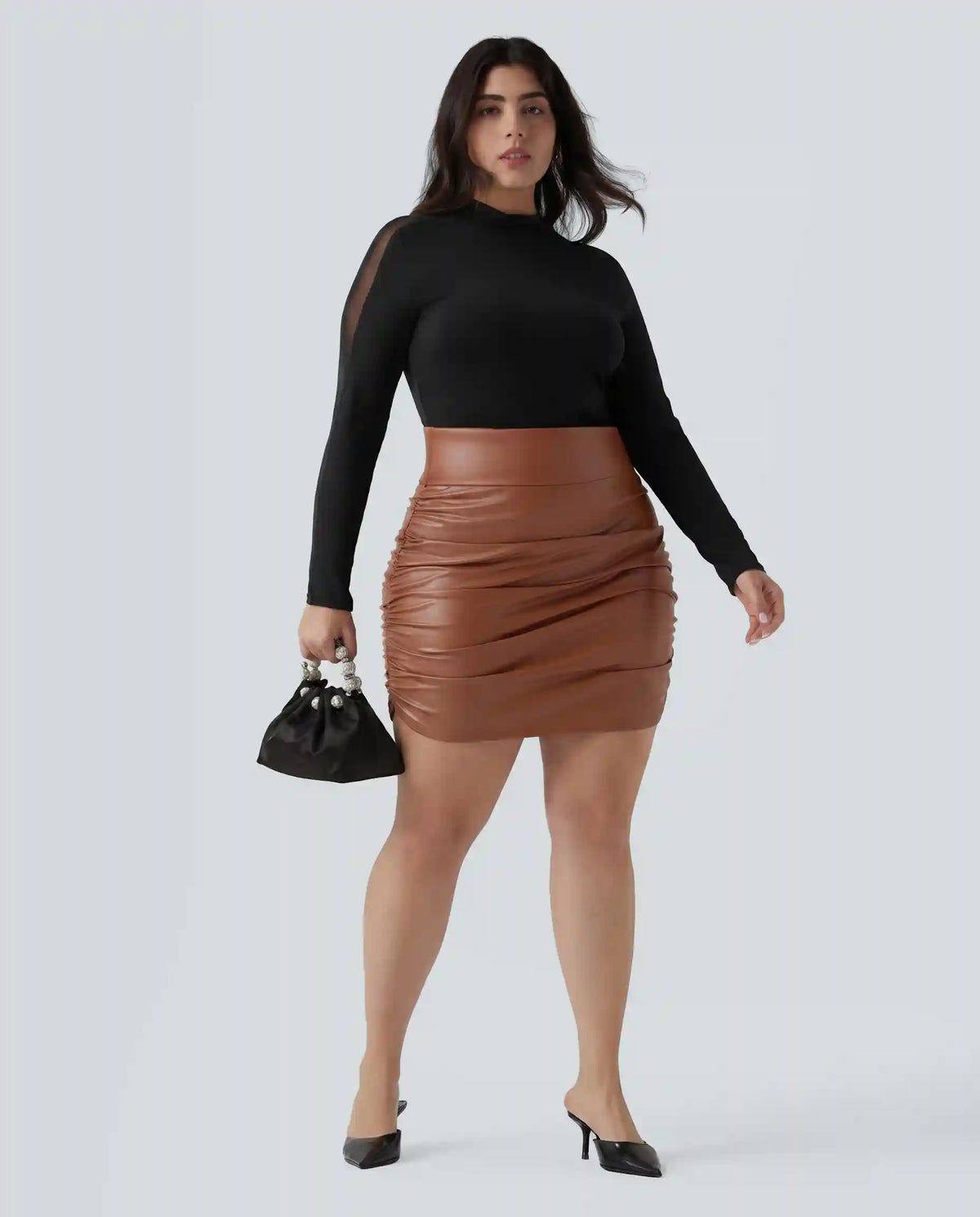 Plus Size High Waisted Tummy Control Ruched Curved Hem 2-in-1 Bodycon Fleece PU Leather Mini Skirt-Longer Length