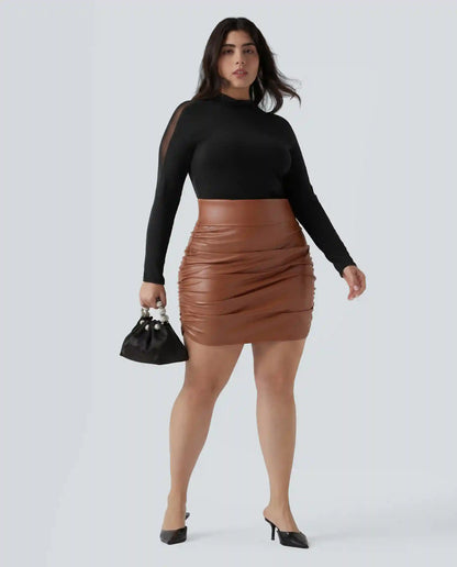 Plus Size High Waisted Tummy Control Ruched Curved Hem 2-in-1 Bodycon Fleece PU Leather Mini Skirt-Longer Length