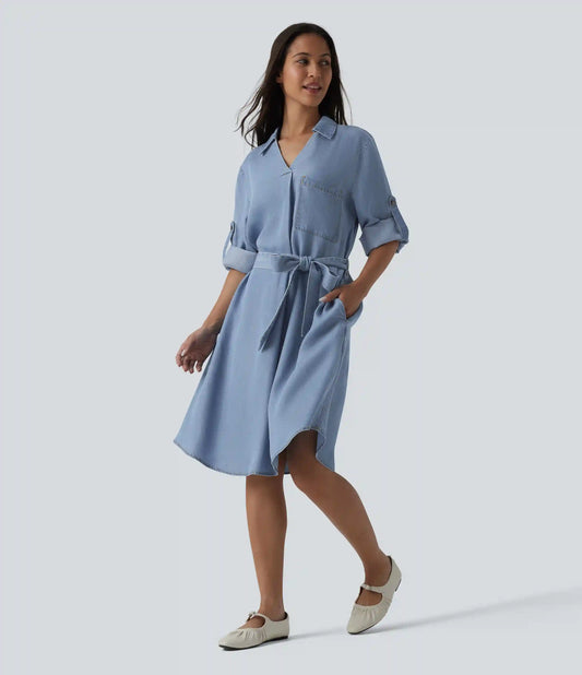 V Neck Long Sleeve Tie Front Denim Mini Casual Dress with Pockets