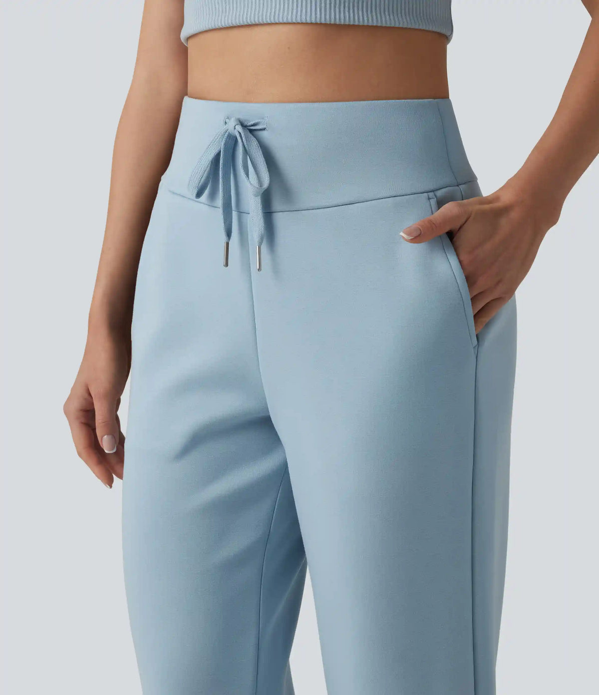 High Waisted Drawstring Straight Leg Capri Casual Pants with Pockets
