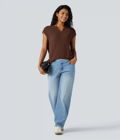 Semi Sheer Notched Short Sleeve Casual T-Shirt