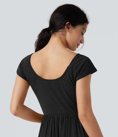 U Neck Short Sleeve Flowy Maxi Casual Dress
