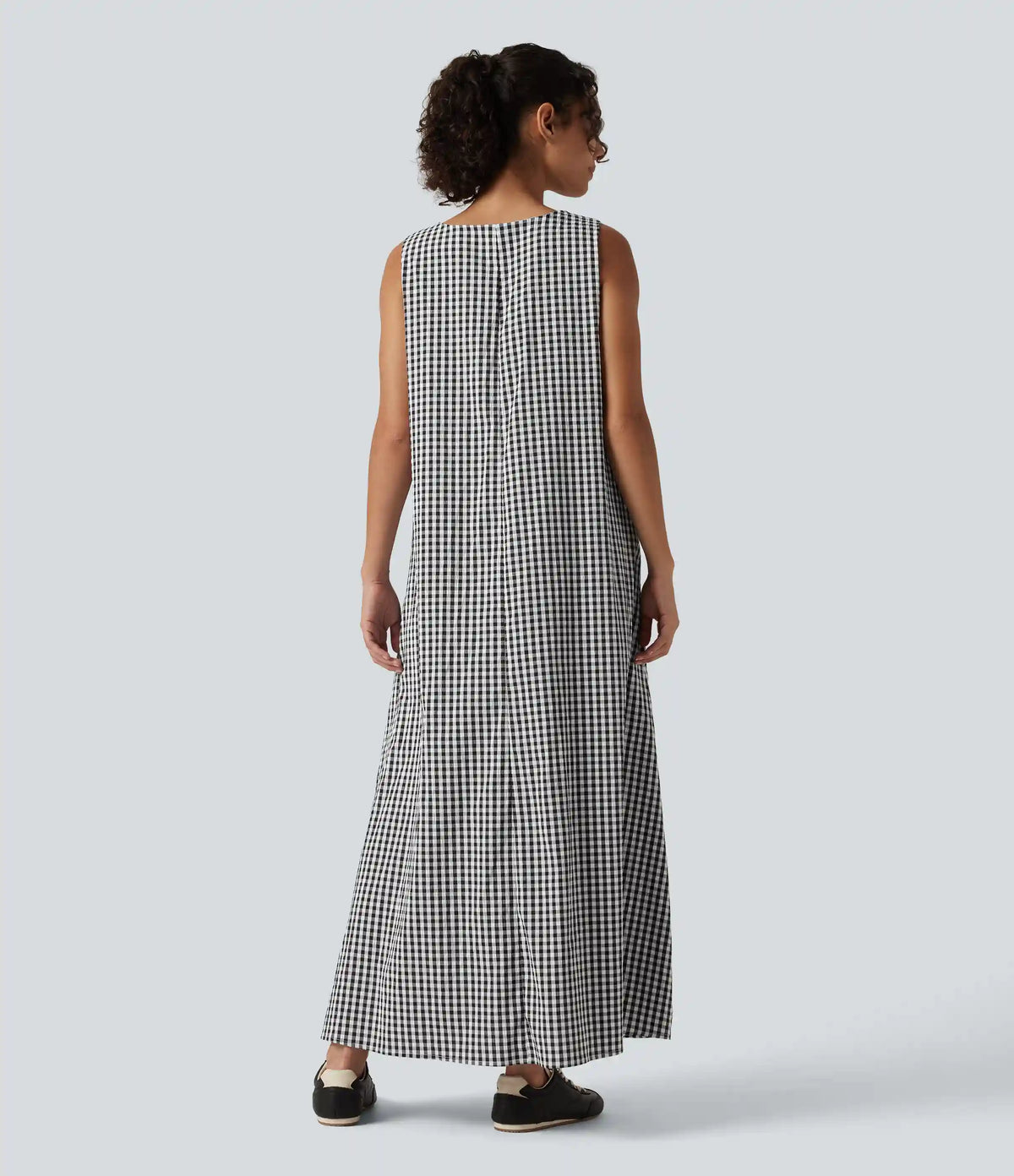 Round Neck Sleeveless Midi Crinkle Gingham Casual Tank Dress with Pockets DD-F Cups