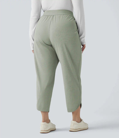Plus Size Mid Rise Drawstring Curved Hem Quick Dry Golf Tapered Pants with Pockets-UPF40+