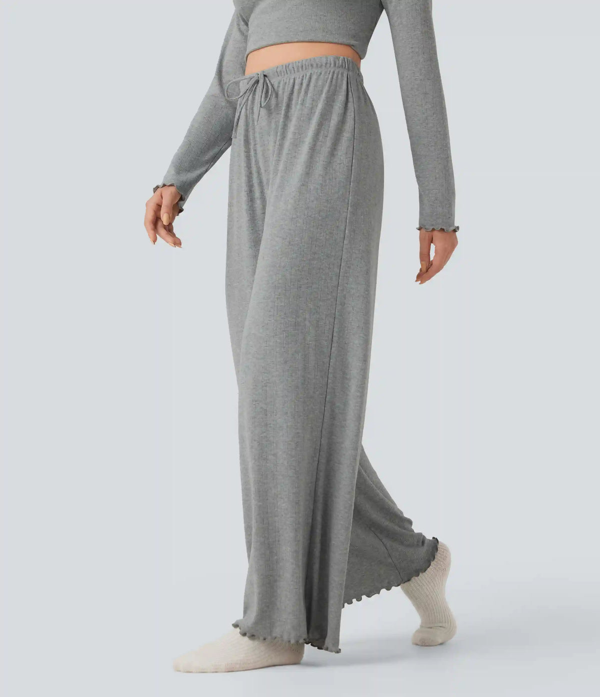 Ribbed Knit Pointelle High Waisted Drawstring Lettuce Trim Straight Leg Lounge Pants