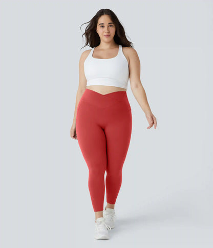 SoftlyZero™ High Waisted Crossover Pocket Plain Plus Size Full Length Leggings