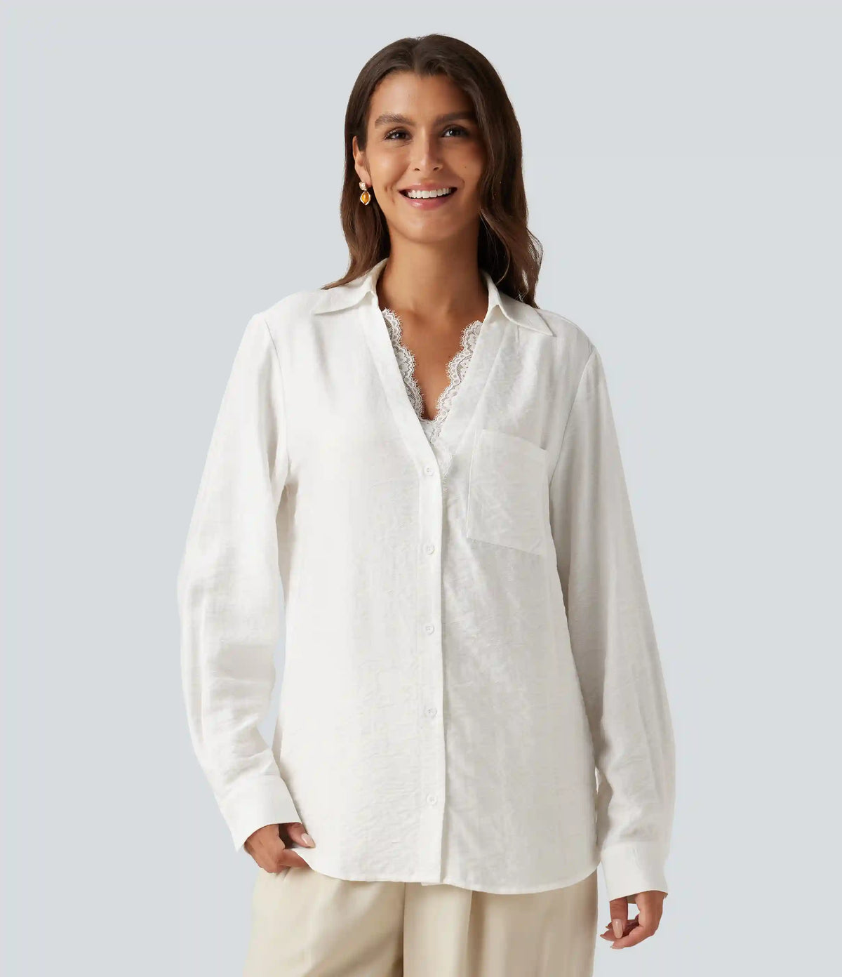 V Neck Contrast Lace Long Sleeve Work Shirt with Pocket