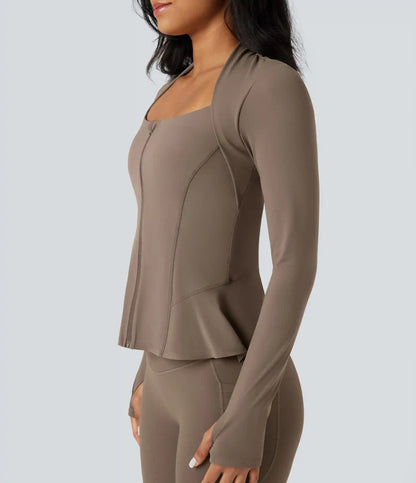 Halara UltraSculpt™ Push-Up Long Sleeve Thumb Hole Zipper Ruffle Hem Yoga Curvy Jacket