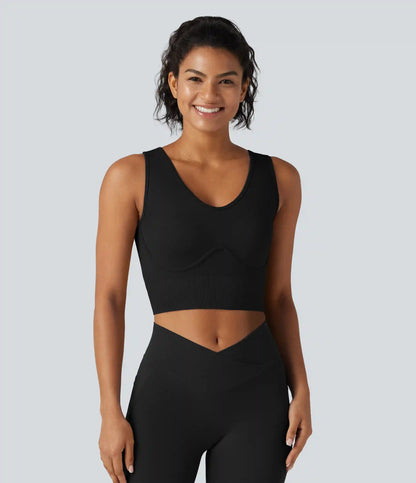 OneForm Seamless Flow V Neck Built-in Bra Lace Up Cropped Yoga Tank Top